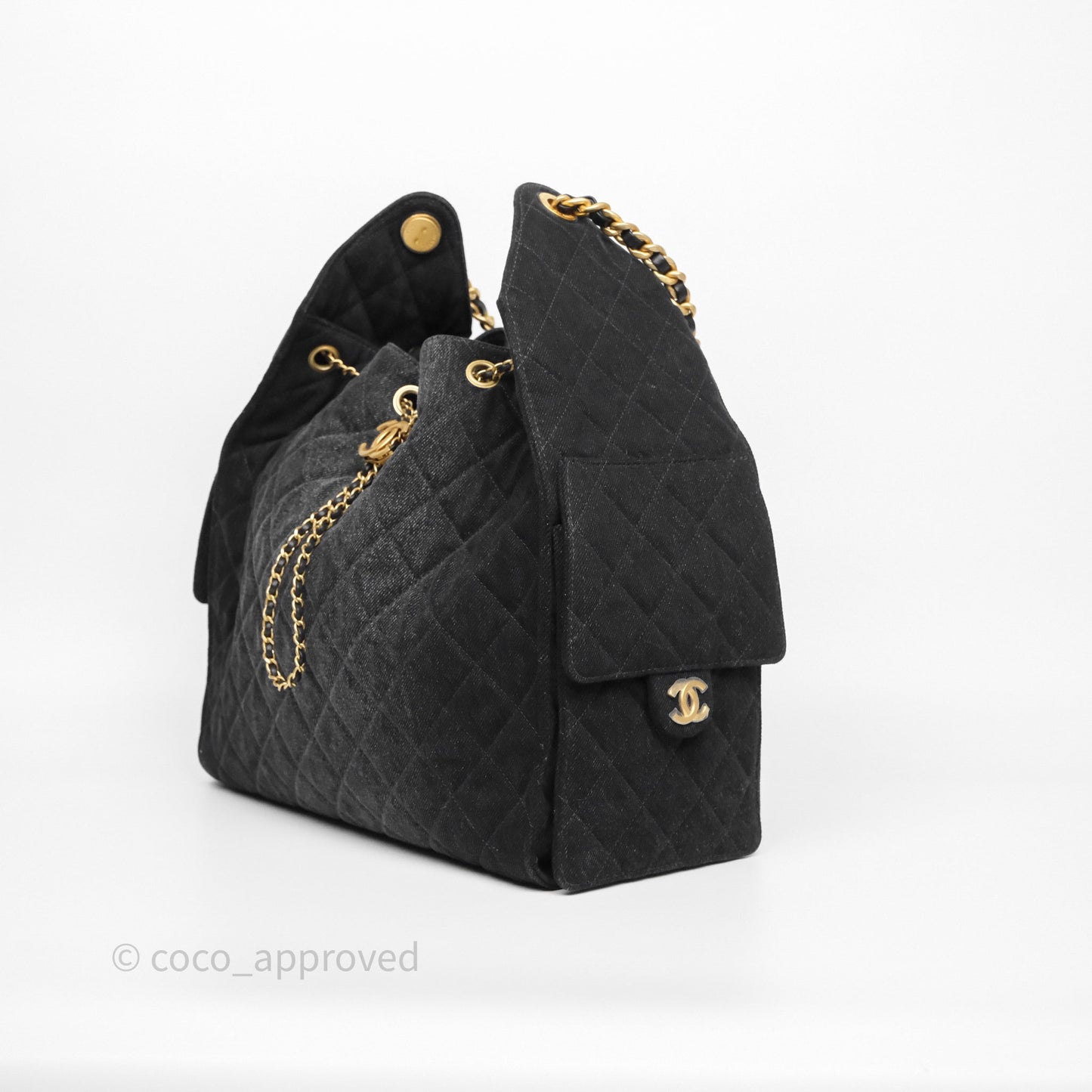 Chanel 25 Medium Washed Denim Black Aged Gold Hardware