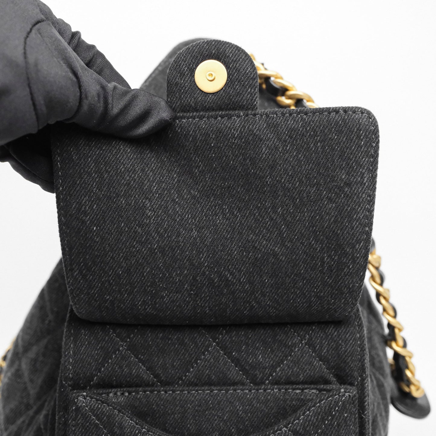 Chanel 25 Medium Washed Denim Black Aged Gold Hardware