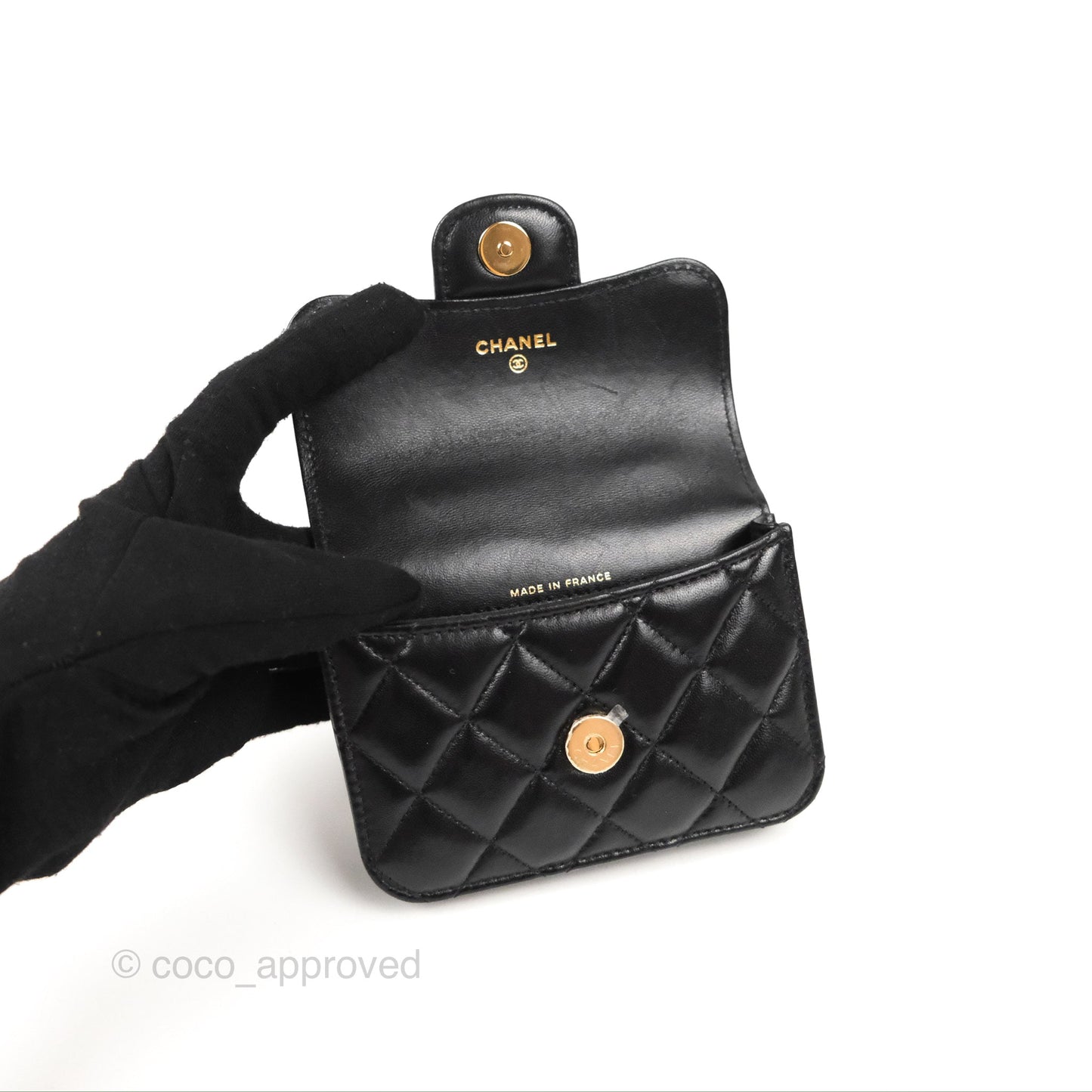 Chanel Mini Handle Flap Coin Purse With Chain Black Lambskin Gold Hardware