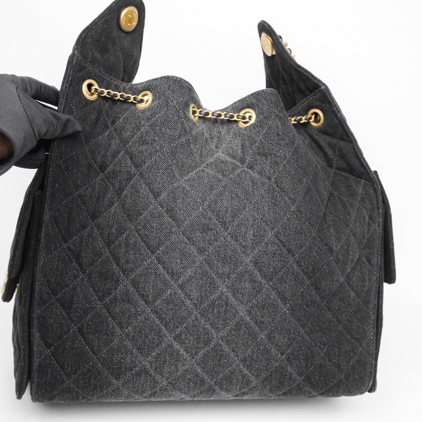 Chanel 25 Medium Washed Denim Black Aged Gold Hardware
