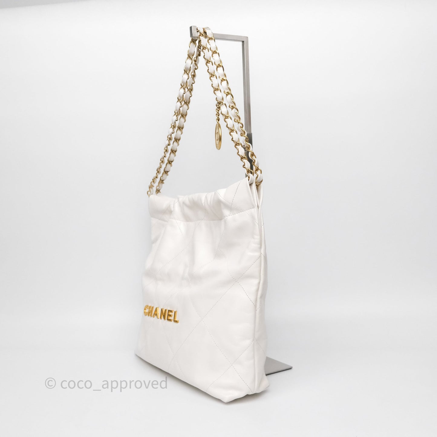 Chanel 22 Small White Shiny Crumpled Calfskin Aged Gold Hardware