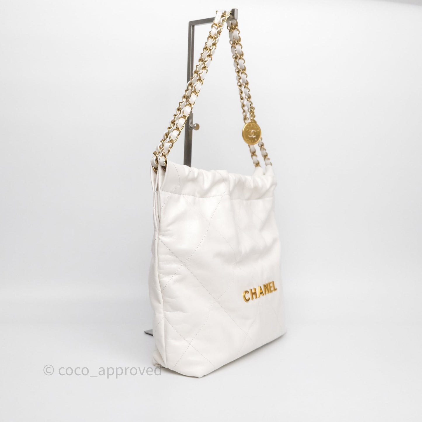 Chanel 22 Small White Shiny Crumpled Calfskin Aged Gold Hardware