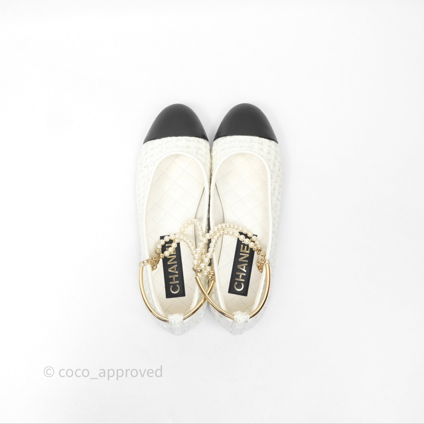 Chanel Ankle Pearl Flat Ballerinas White/ Black Tweed Lambskin Size 35.5