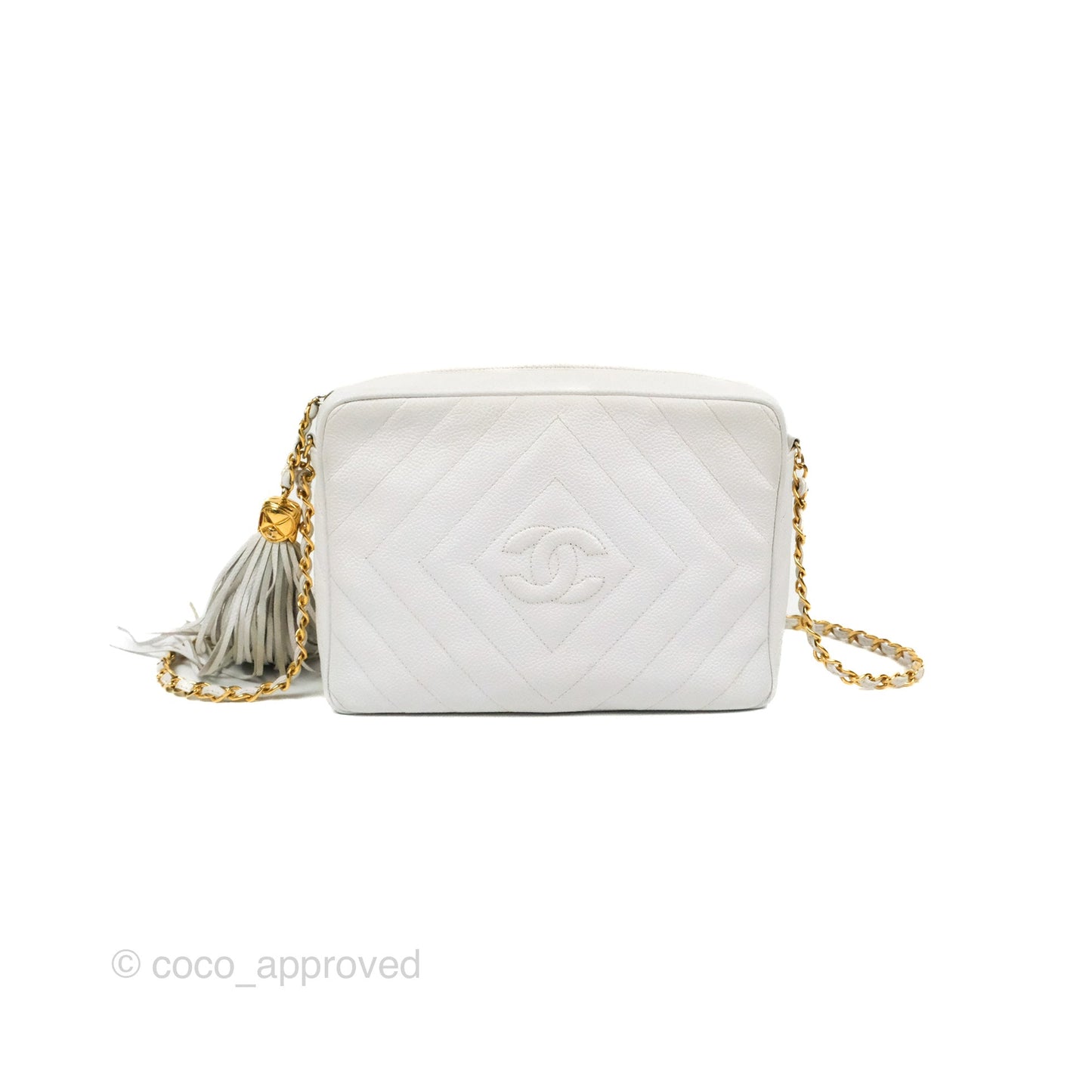 Chanel Chevron Quilted Tassel Camera Case White Caviar Gold Hardware