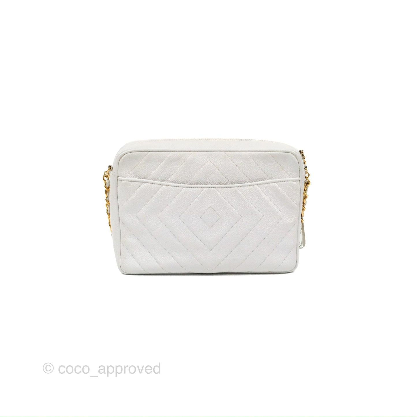 Chanel Chevron Quilted Tassel Camera Case White Caviar Gold Hardware