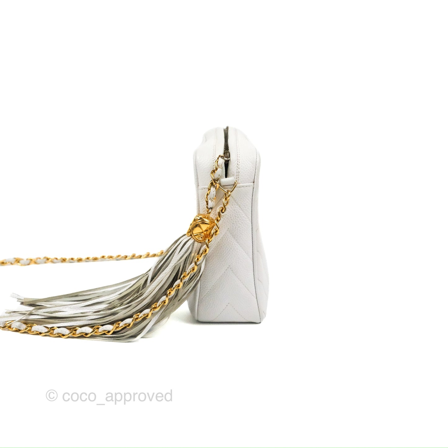 Chanel Chevron Quilted Tassel Camera Case White Caviar Gold Hardware