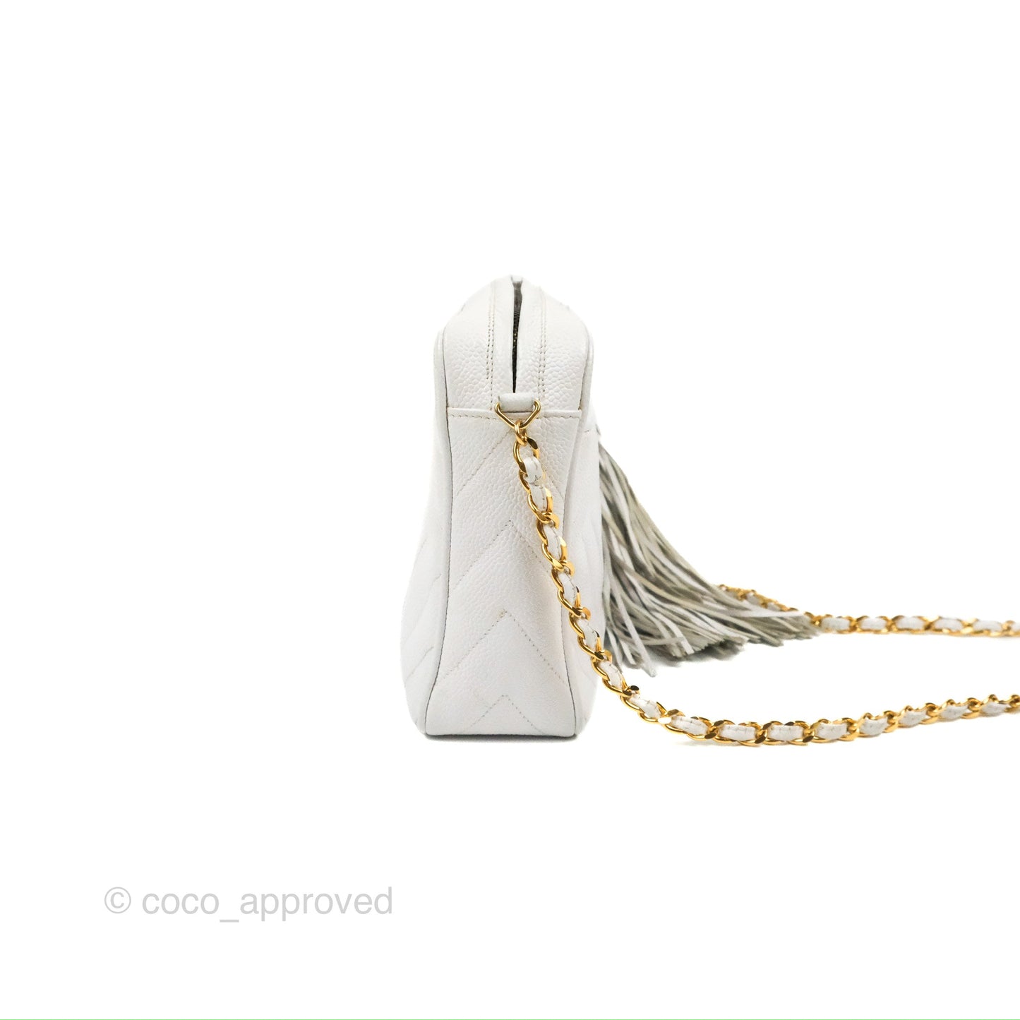 Chanel Chevron Quilted Tassel Camera Case White Caviar Gold Hardware