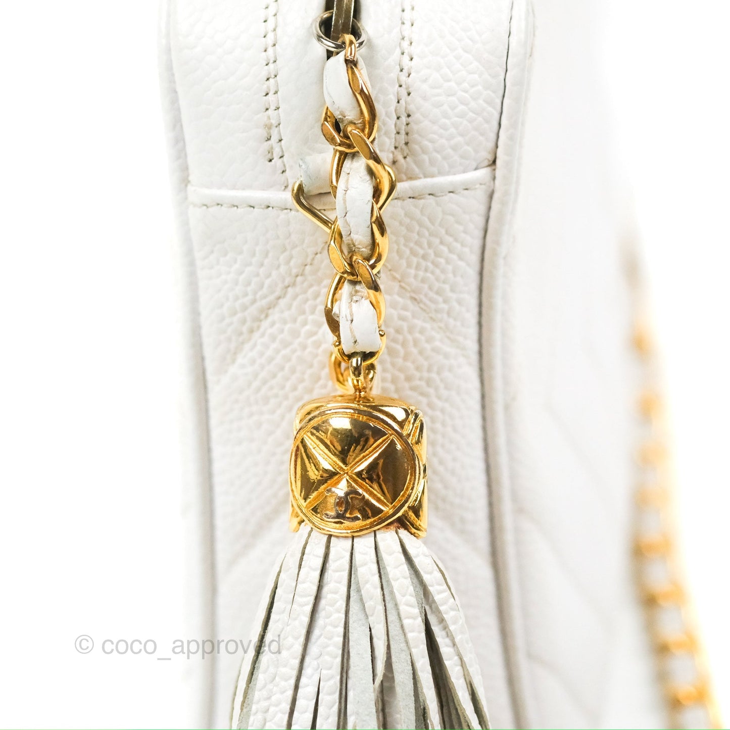 Chanel Chevron Quilted Tassel Camera Case White Caviar Gold Hardware