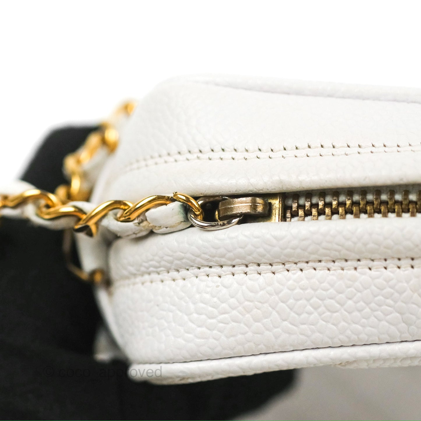 Chanel Chevron Quilted Tassel Camera Case White Caviar Gold Hardware