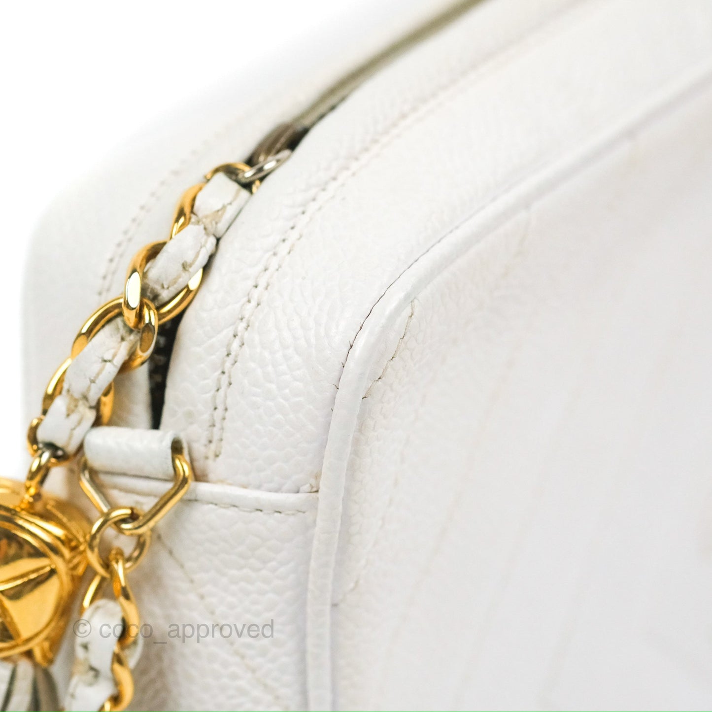 Chanel Chevron Quilted Tassel Camera Case White Caviar Gold Hardware