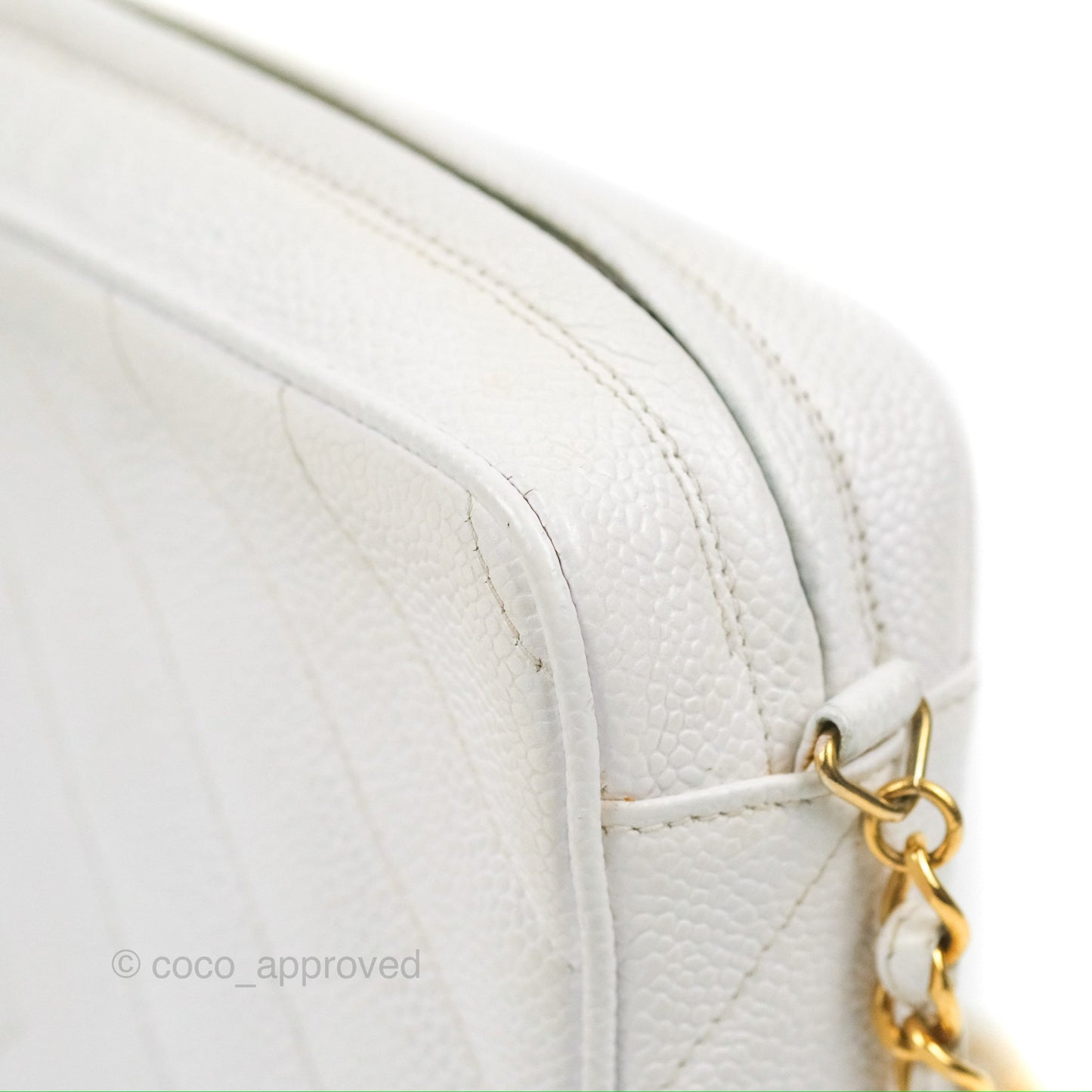 Chanel Chevron Quilted Tassel Camera Case White Caviar Gold Hardware