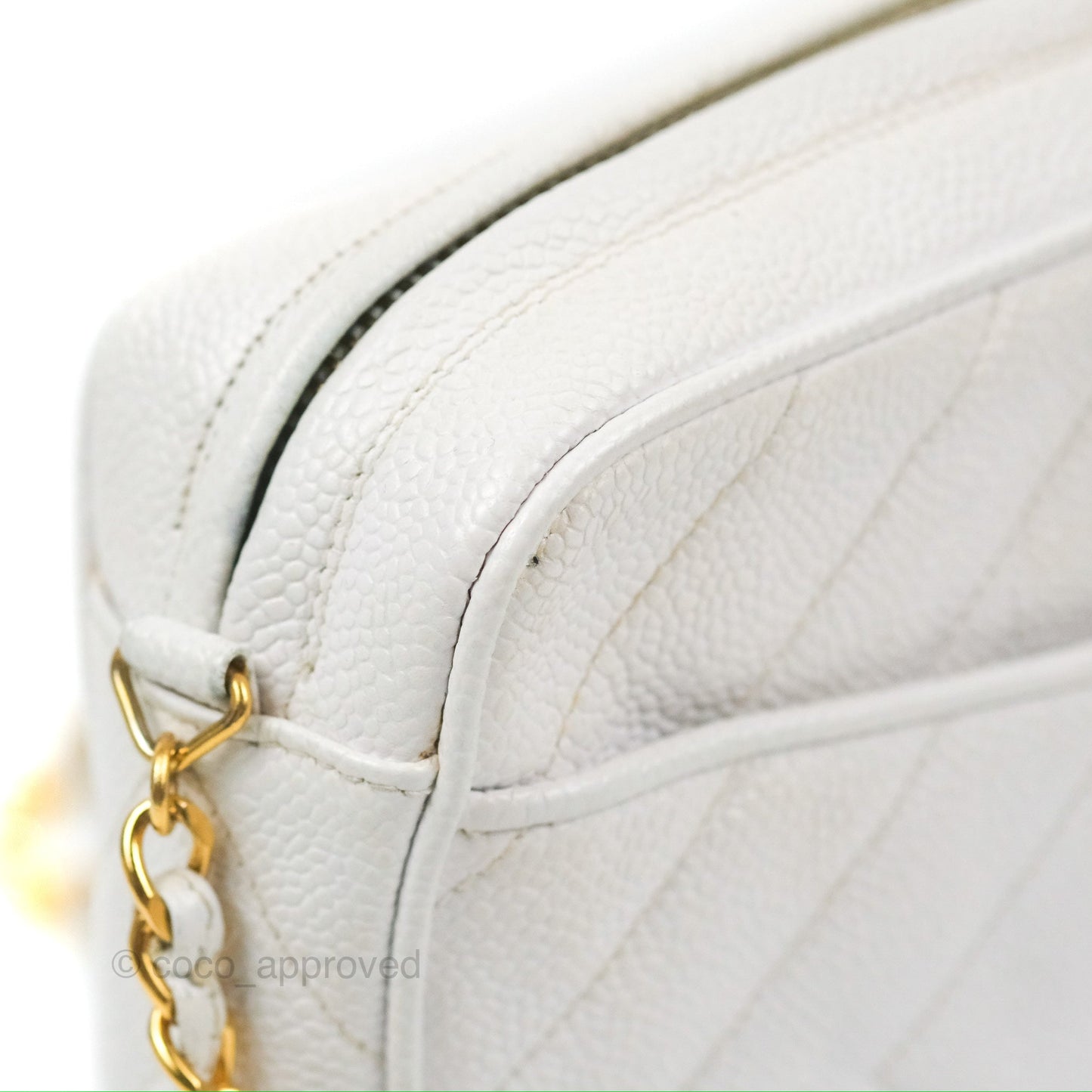 Chanel Chevron Quilted Tassel Camera Case White Caviar Gold Hardware