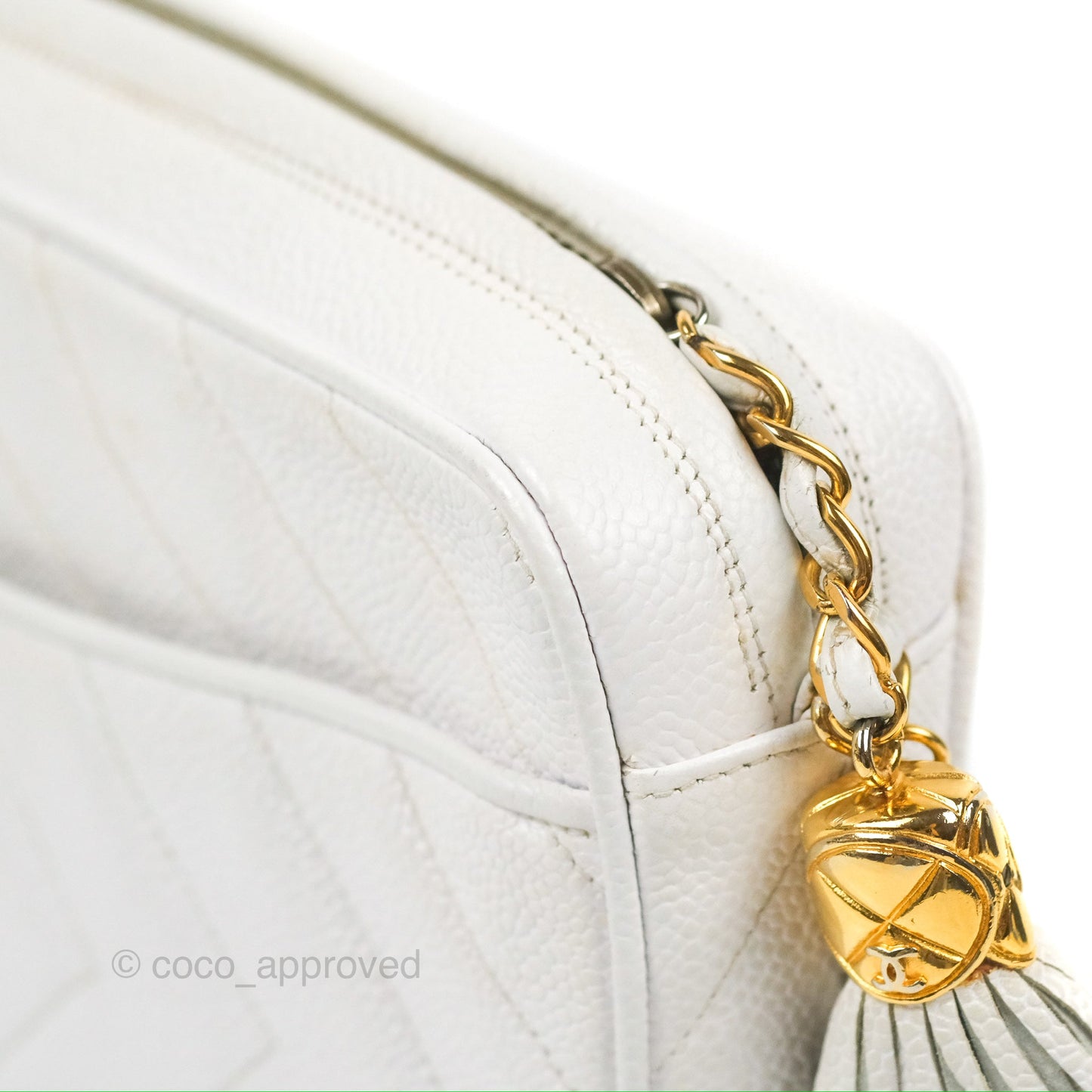 Chanel Chevron Quilted Tassel Camera Case White Caviar Gold Hardware