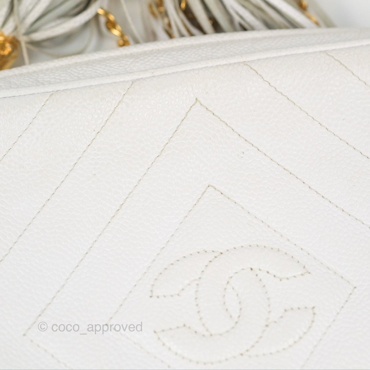 Chanel Chevron Quilted Tassel Camera Case White Caviar Gold Hardware