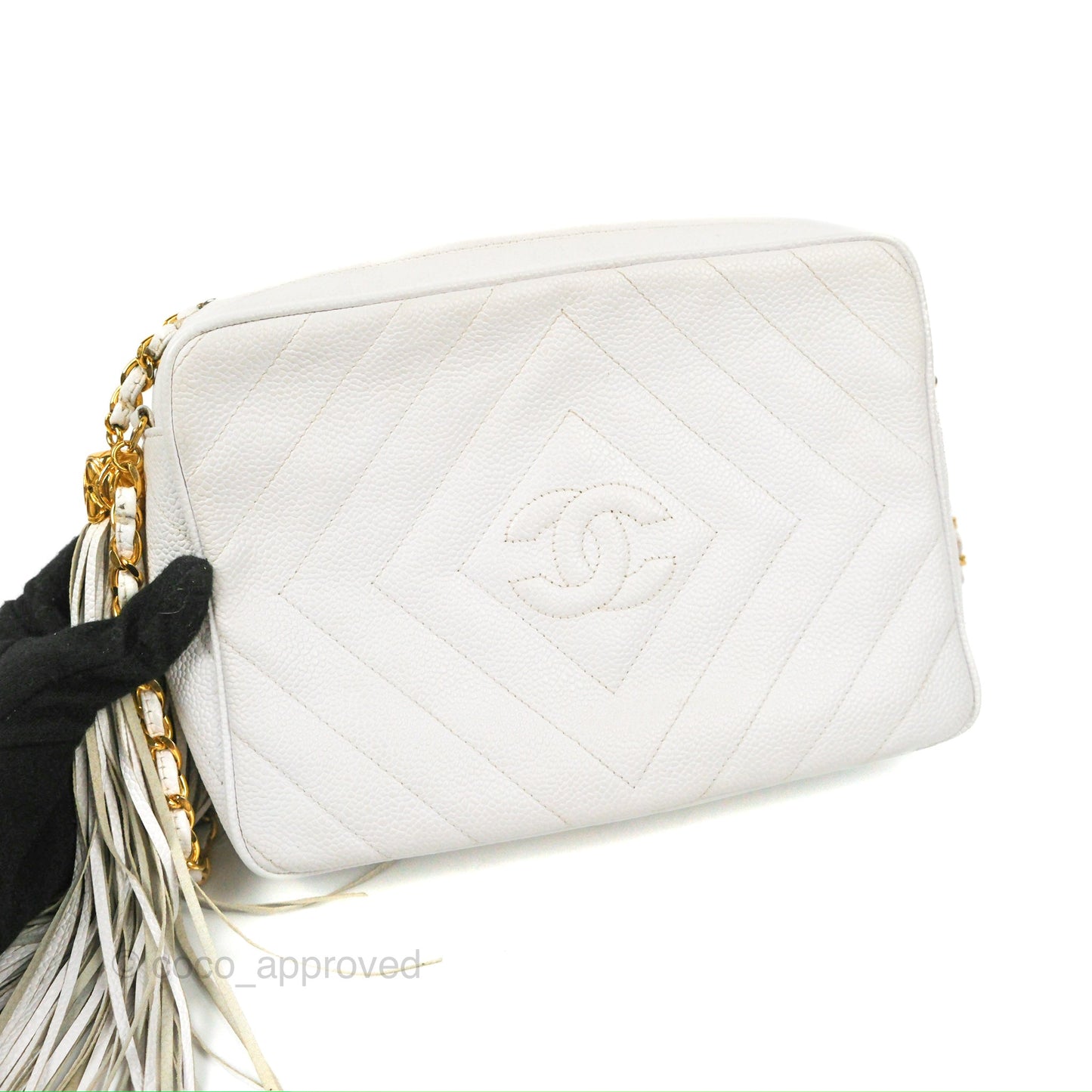 Chanel Chevron Quilted Tassel Camera Case White Caviar Gold Hardware