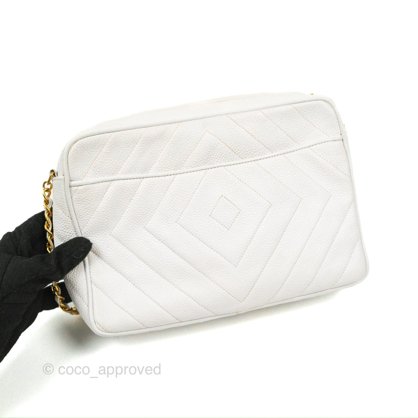 Chanel Chevron Quilted Tassel Camera Case White Caviar Gold Hardware