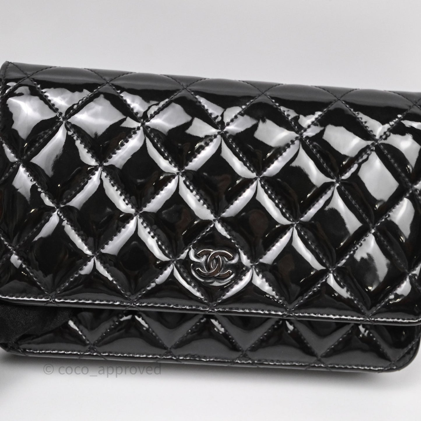 Chanel Quilted Wallet on Chain WOC Patent Leather So Black