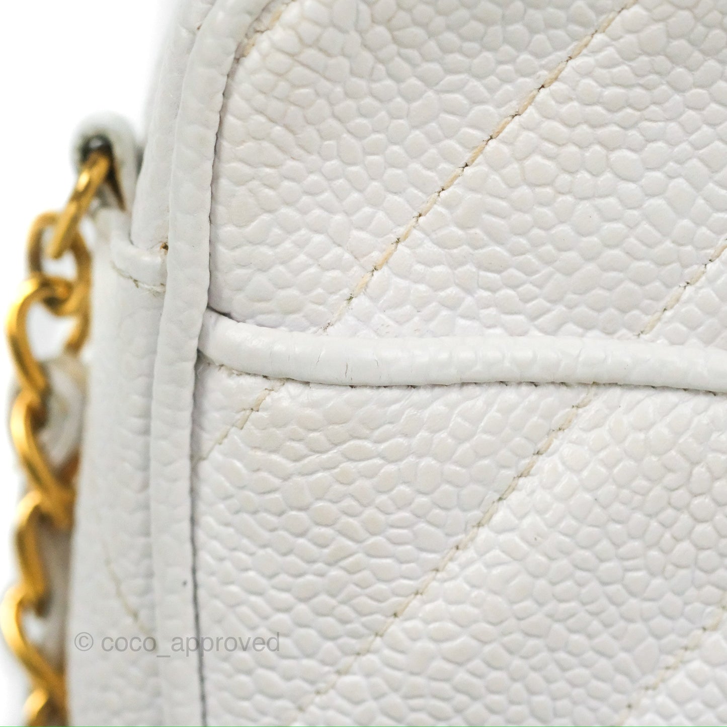 Chanel Chevron Quilted Tassel Camera Case White Caviar Gold Hardware