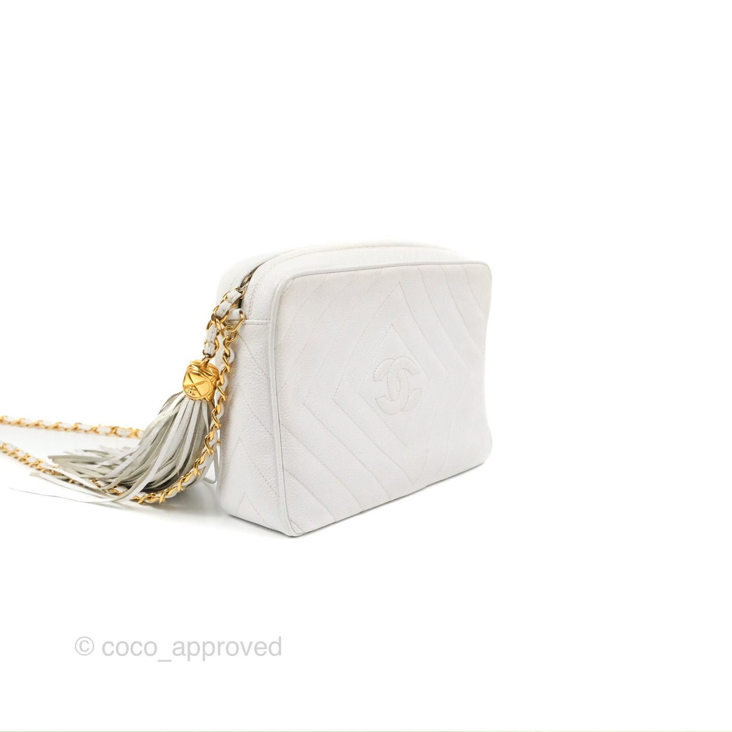 Chanel Chevron Quilted Tassel Camera Case White Caviar Gold Hardware