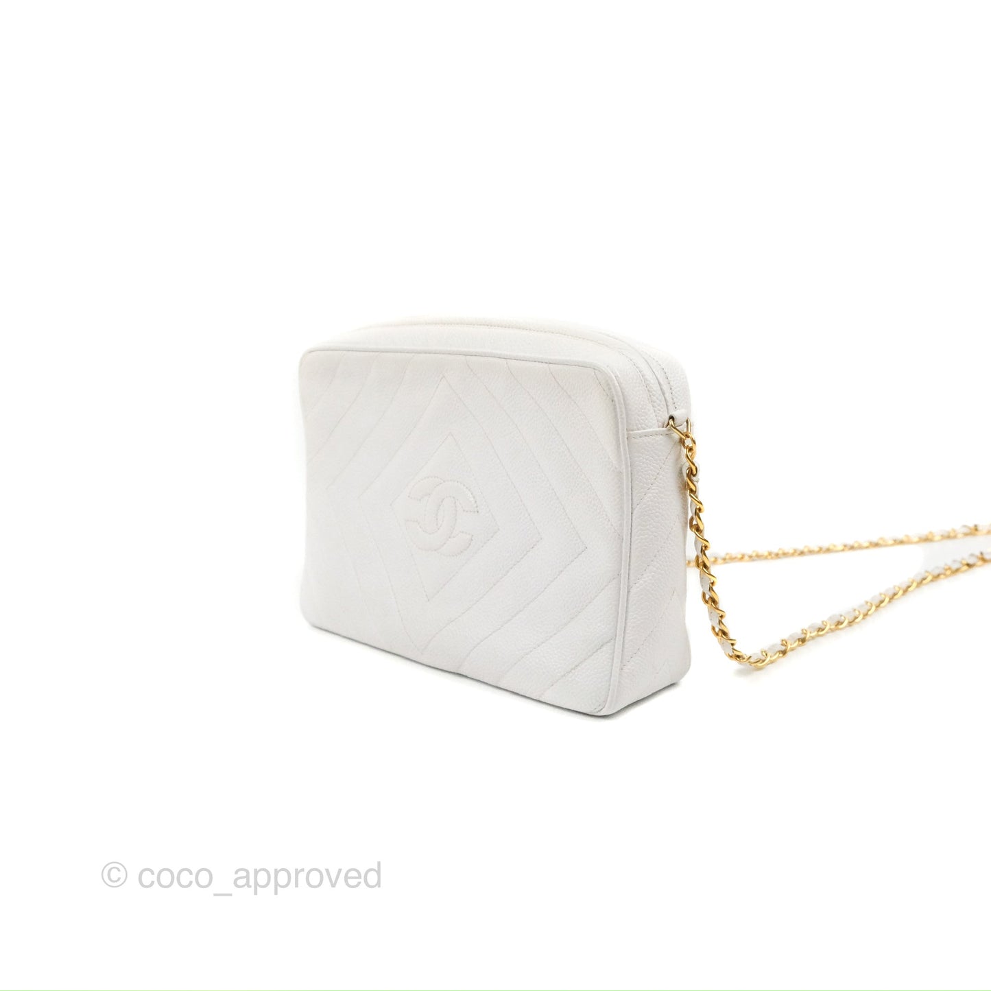 Chanel Chevron Quilted Tassel Camera Case White Caviar Gold Hardware