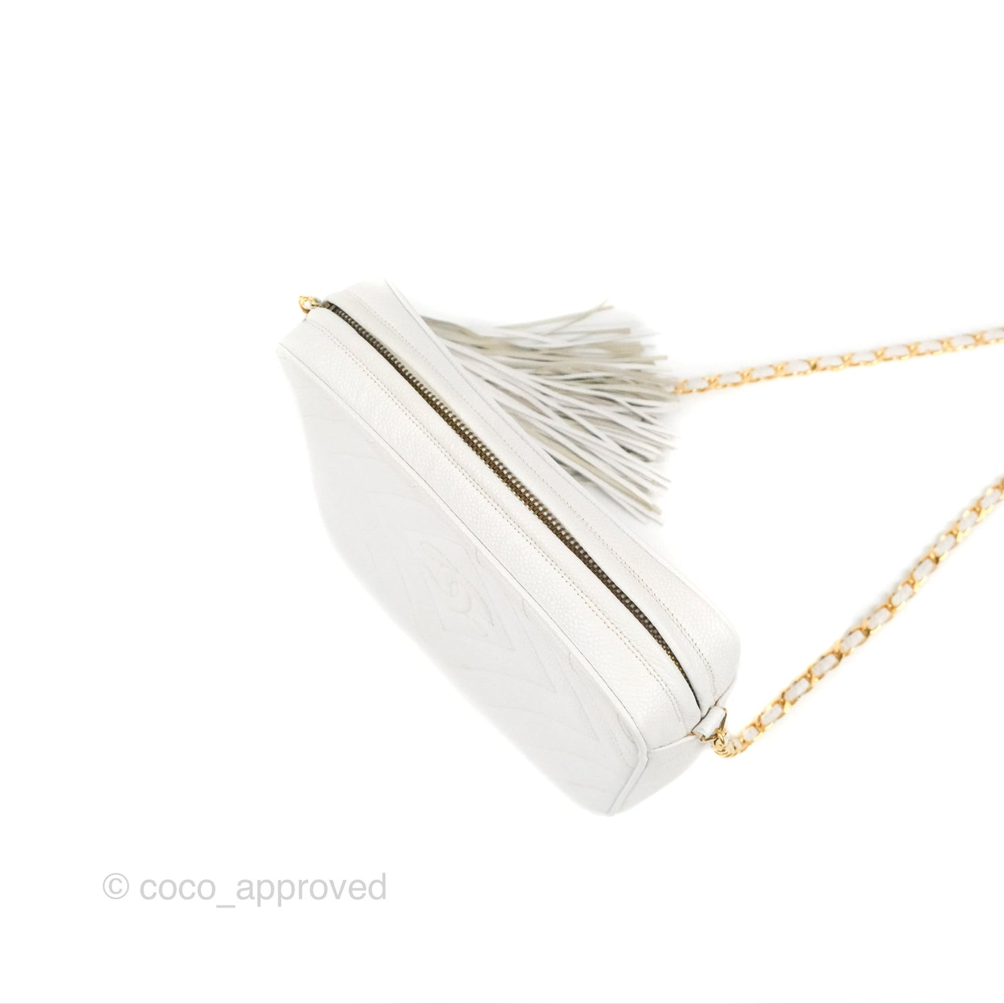 Chanel Chevron Quilted Tassel Camera Case White Caviar Gold Hardware