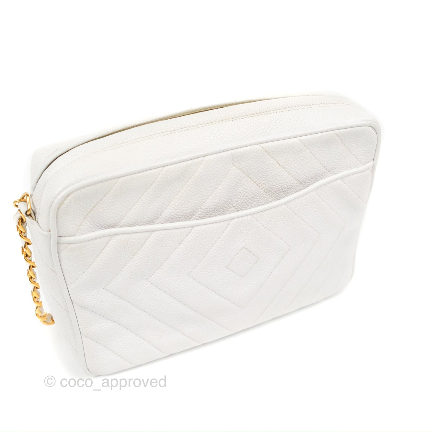 Chanel Chevron Quilted Tassel Camera Case White Caviar Gold Hardware