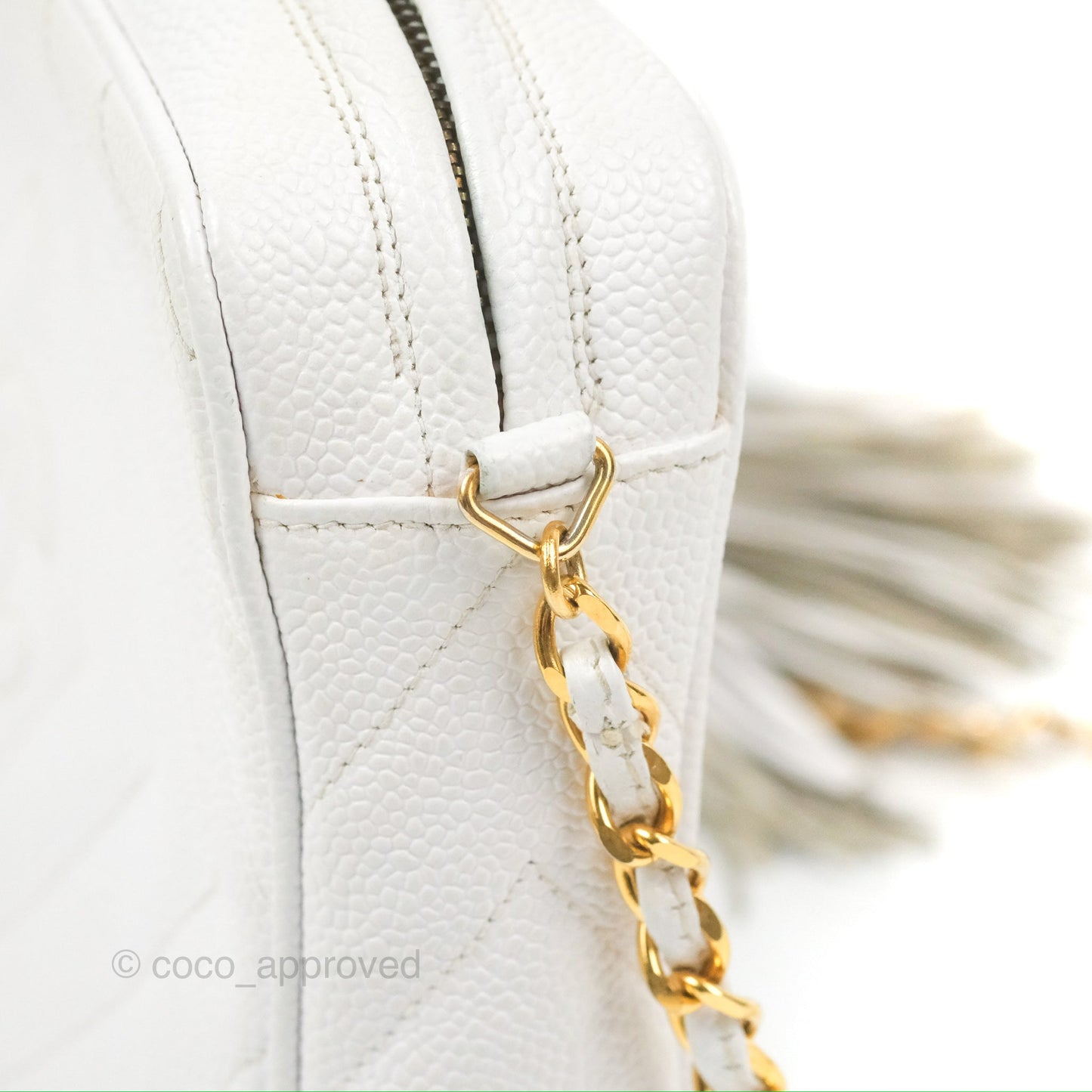 Chanel Chevron Quilted Tassel Camera Case White Caviar Gold Hardware