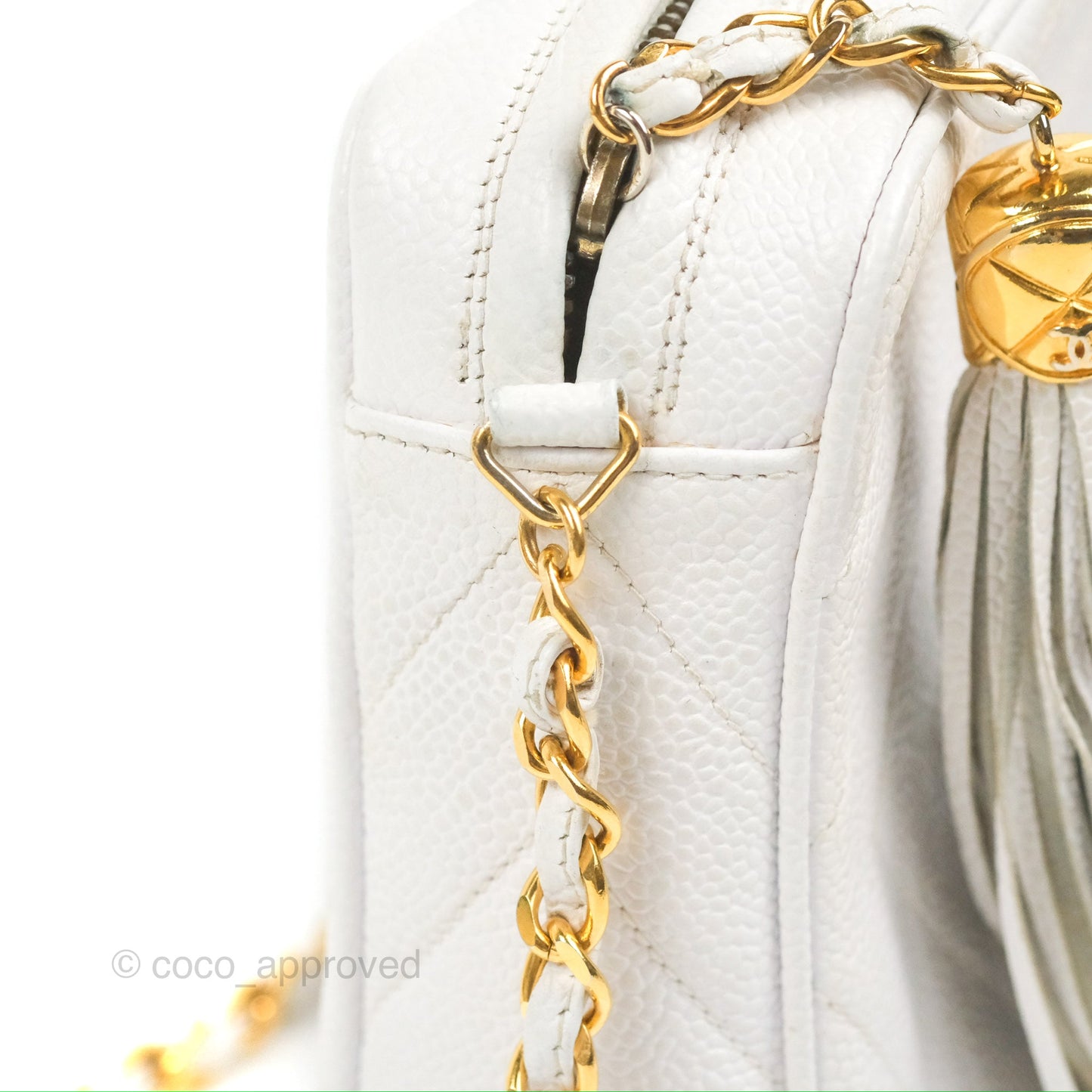 Chanel Chevron Quilted Tassel Camera Case White Caviar Gold Hardware