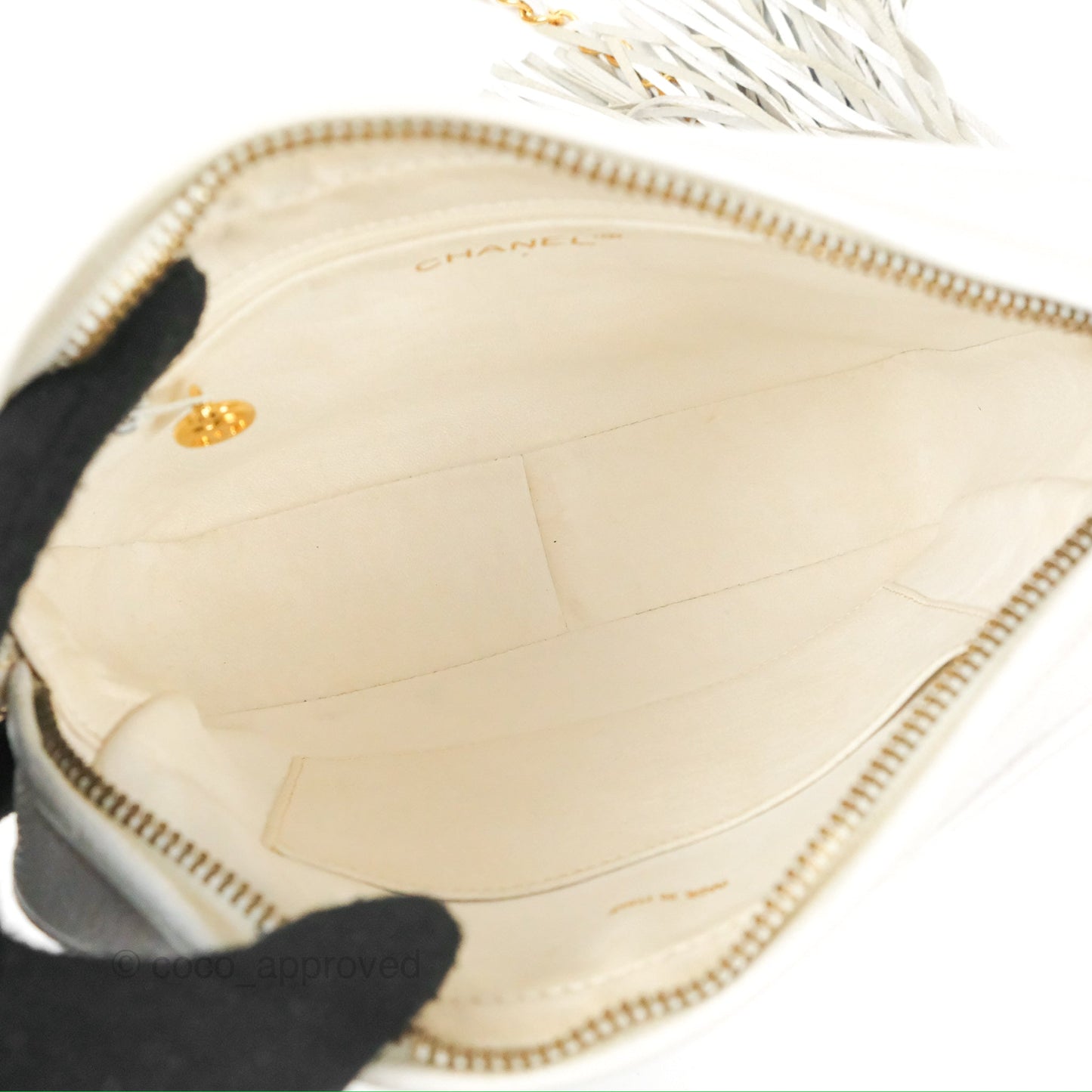 Chanel Chevron Quilted Tassel Camera Case White Caviar Gold Hardware