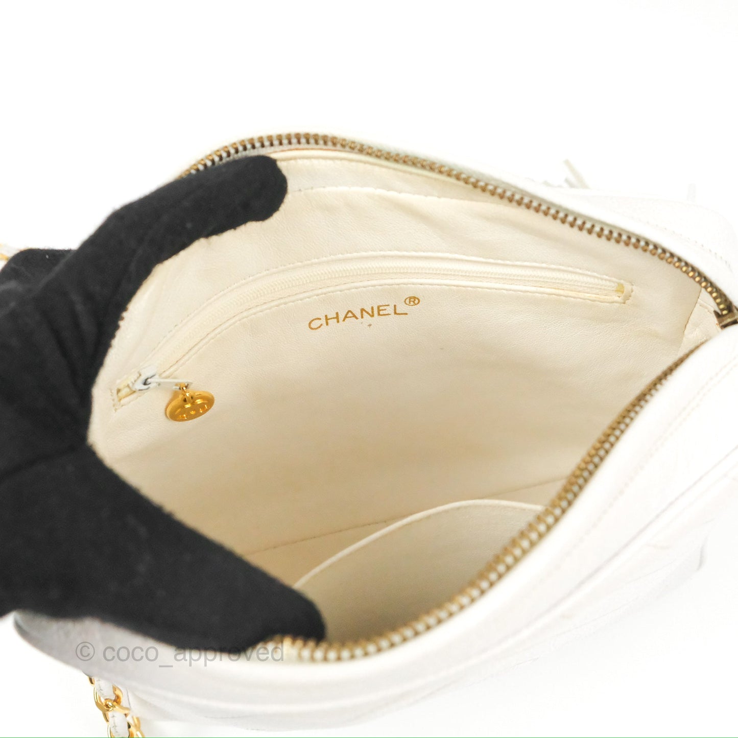 Chanel Chevron Quilted Tassel Camera Case White Caviar Gold Hardware