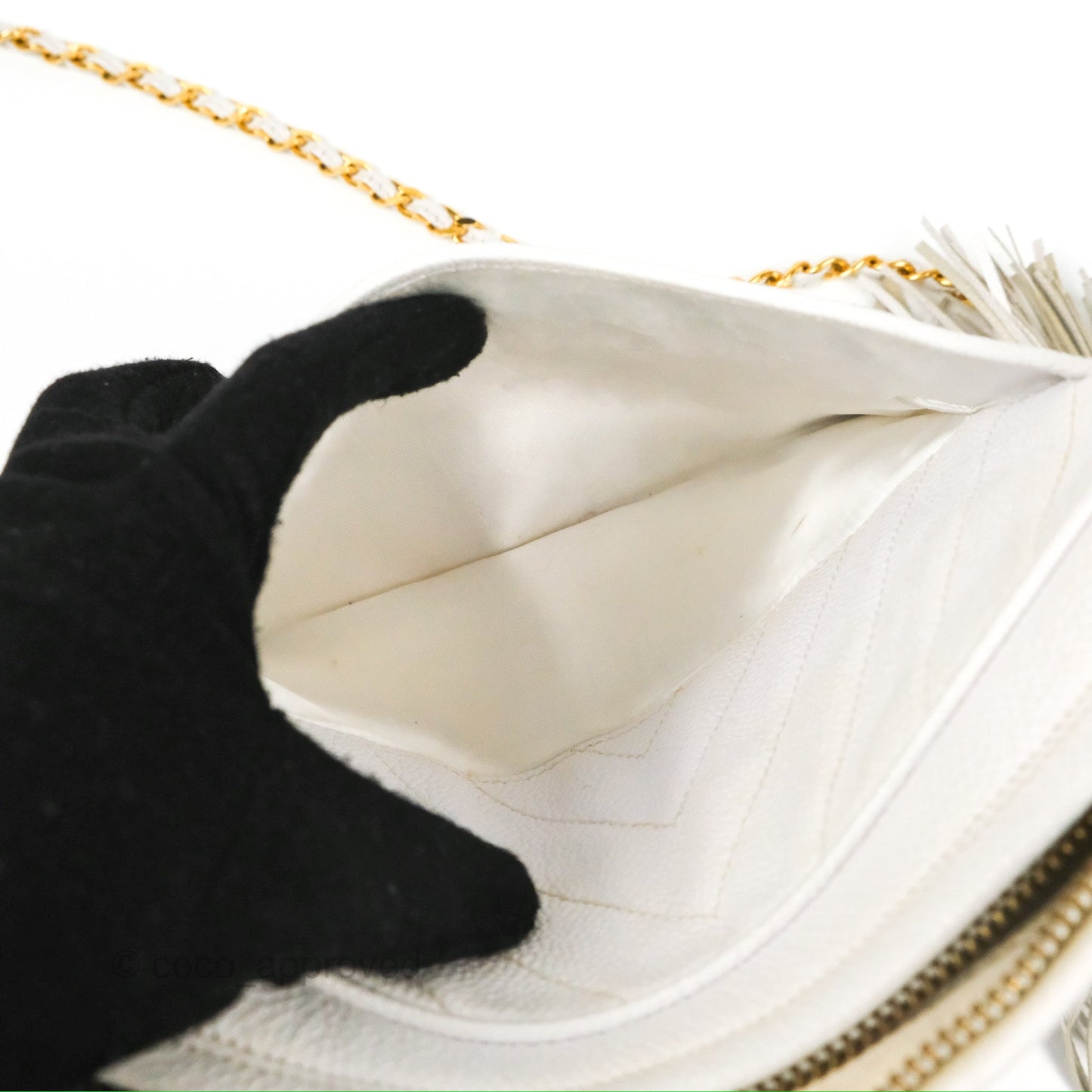 Chanel Chevron Quilted Tassel Camera Case White Caviar Gold Hardware