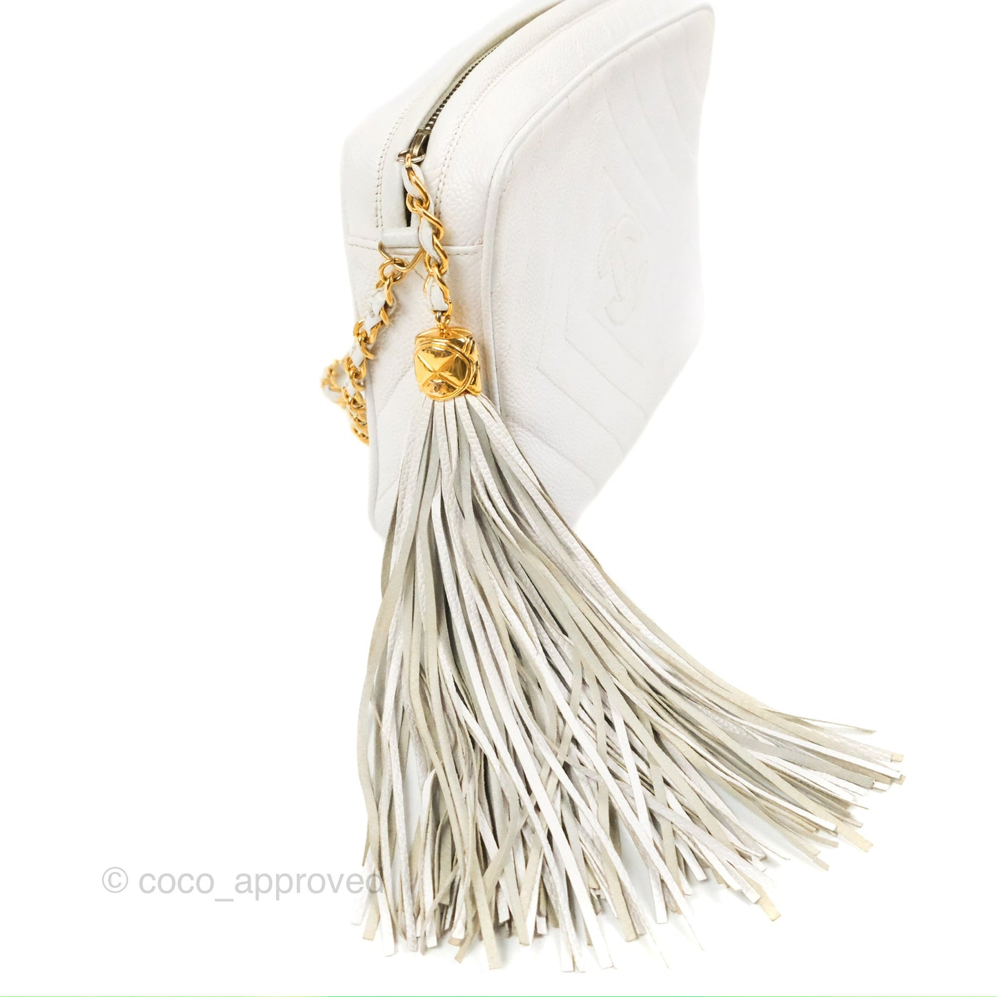 Chanel Chevron Quilted Tassel Camera Case White Caviar Gold Hardware