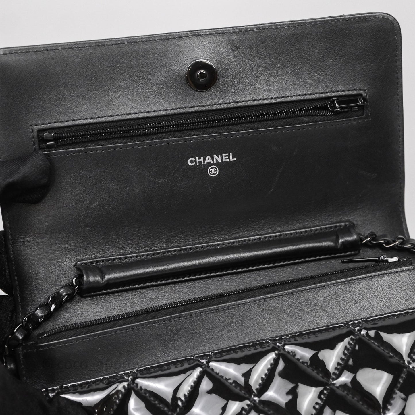 Chanel Quilted Wallet on Chain WOC Patent Leather So Black