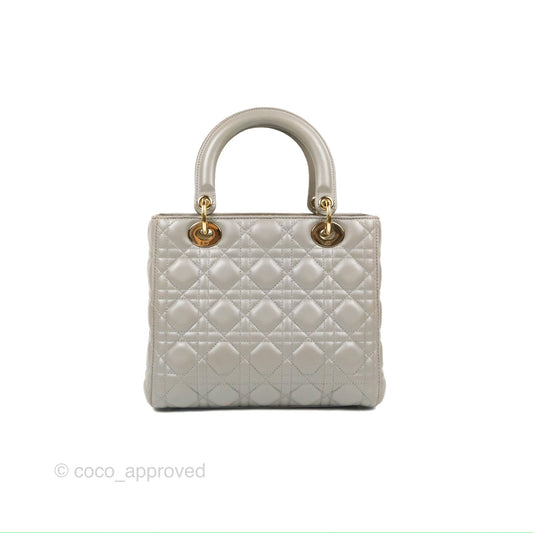 Christian Dior Medium Lady Dior Grey Lambskin Gold Hardware Fox Charm