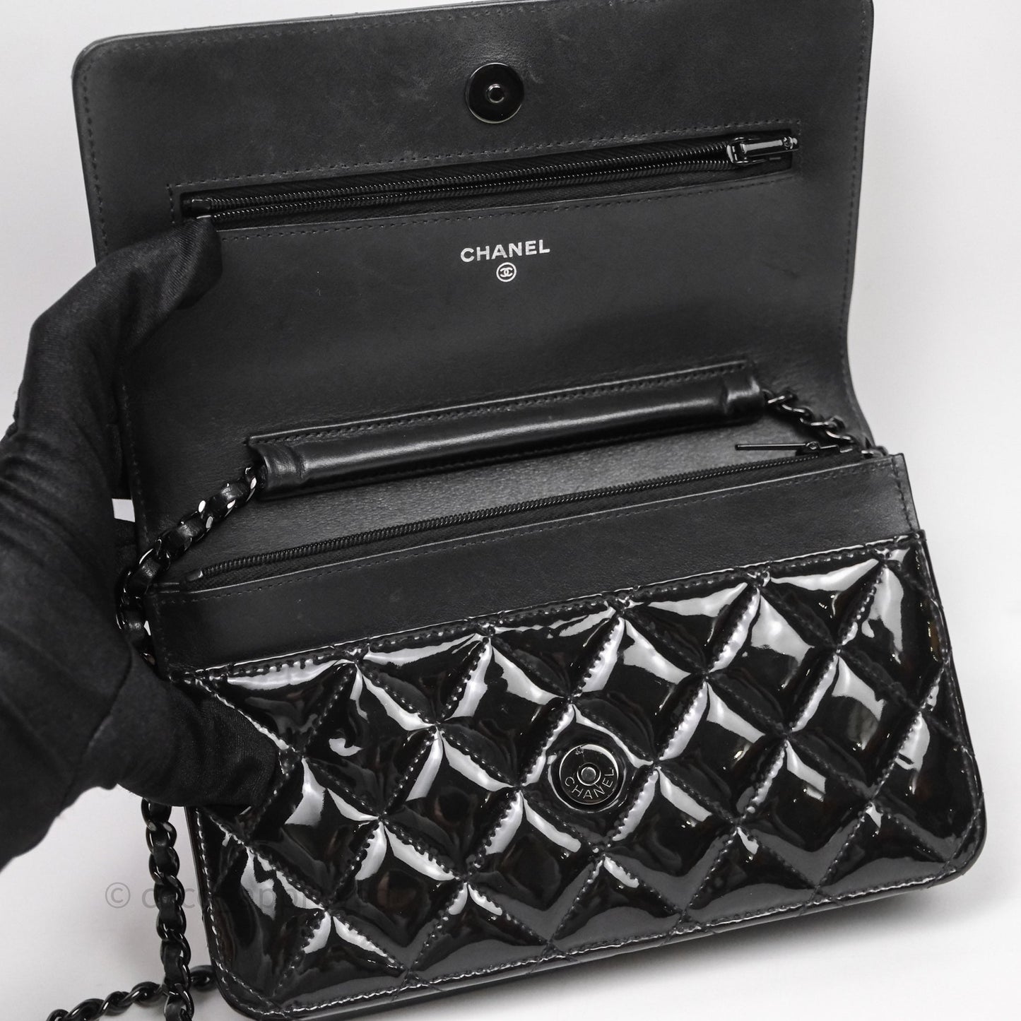Chanel Quilted Wallet on Chain WOC Patent Leather So Black