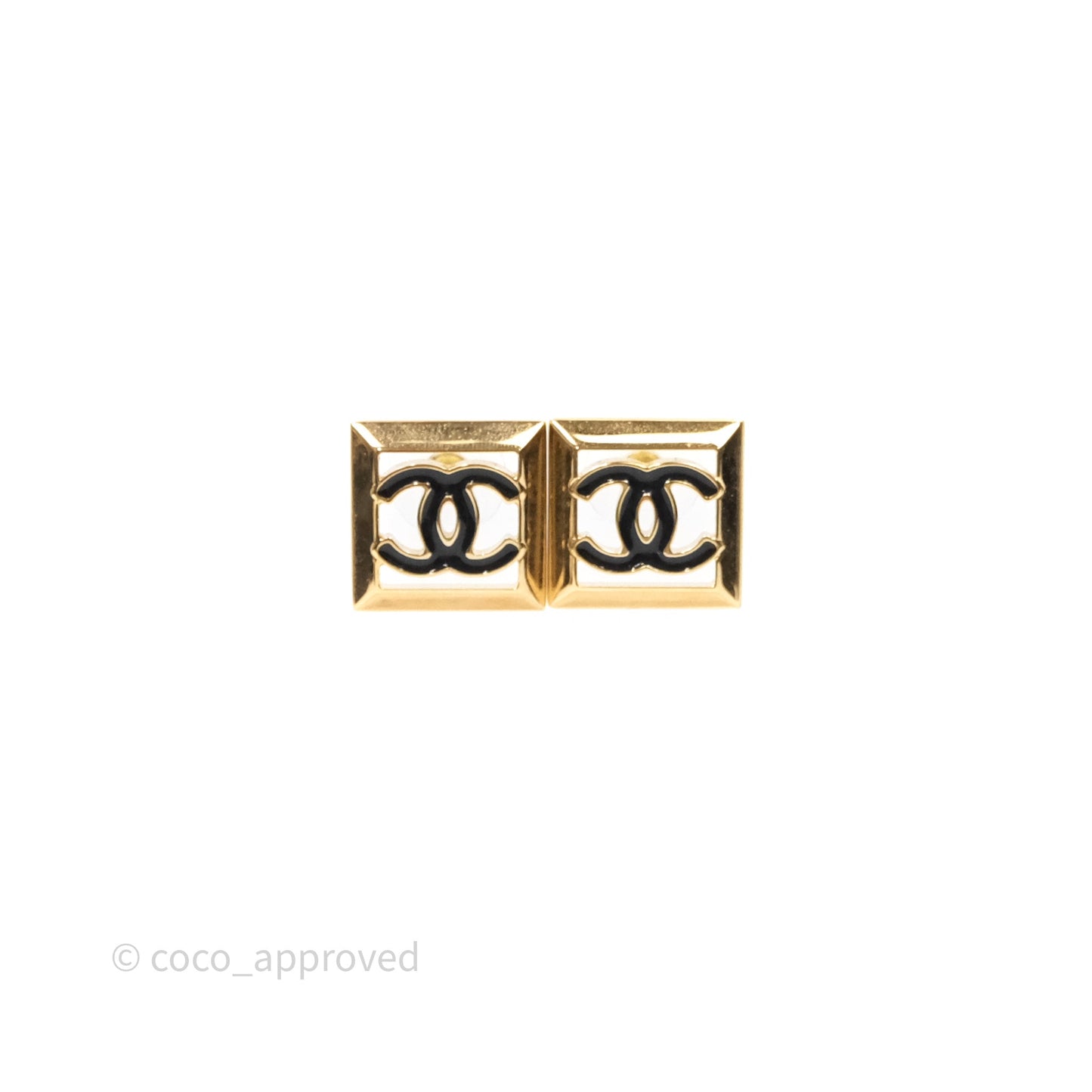 Chanel CC Square Black Earrings Gold Tone 24A