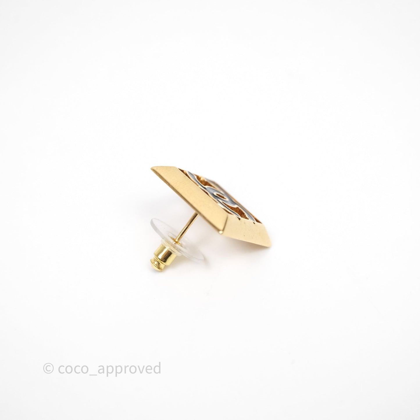 Chanel CC Square Black Earrings Gold Tone 24A
