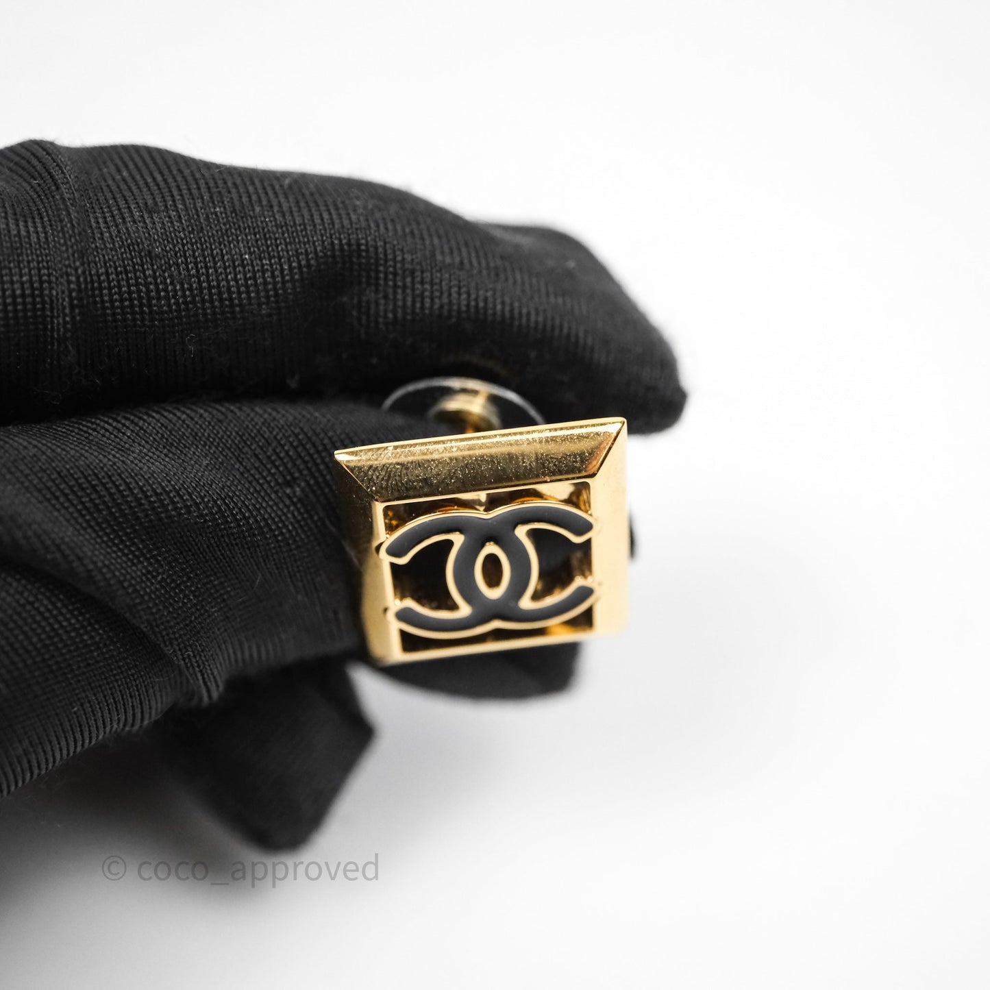 Chanel CC Square Black Earrings Gold Tone 24A