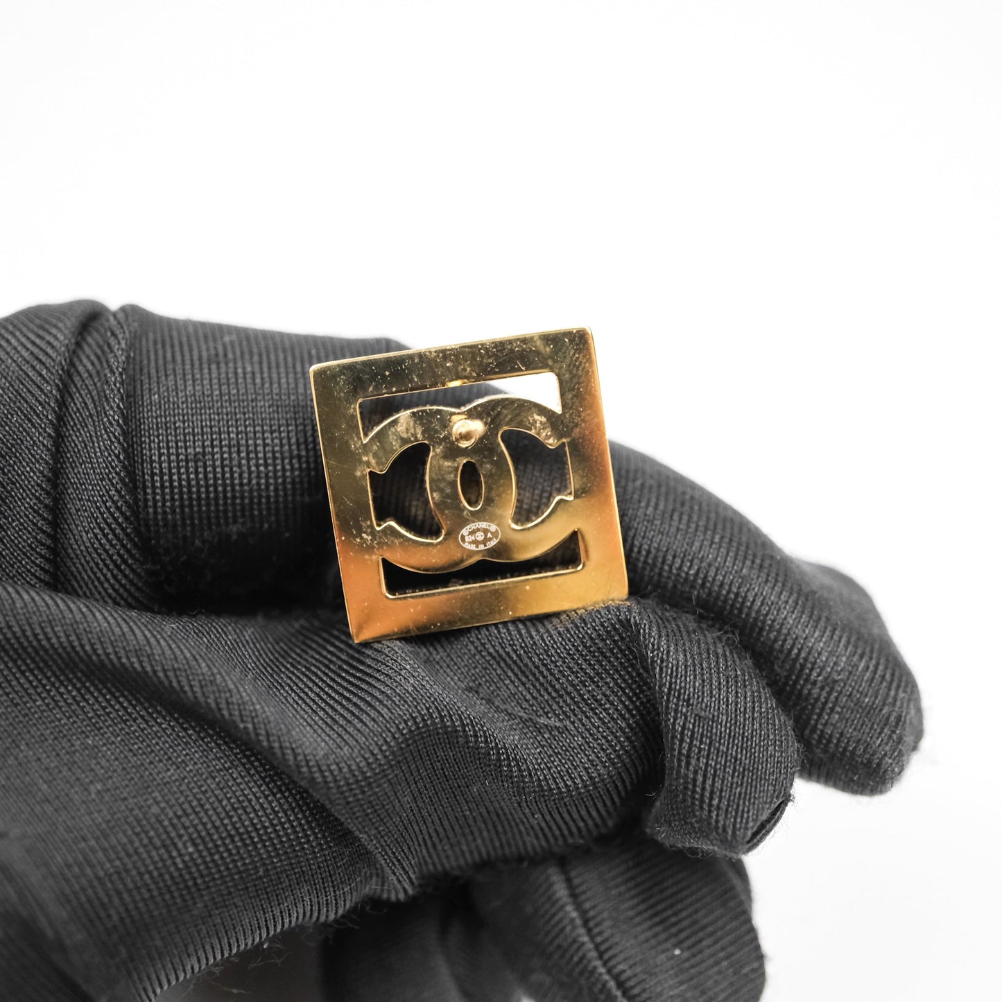 Chanel CC Square Black Earrings Gold Tone 24A