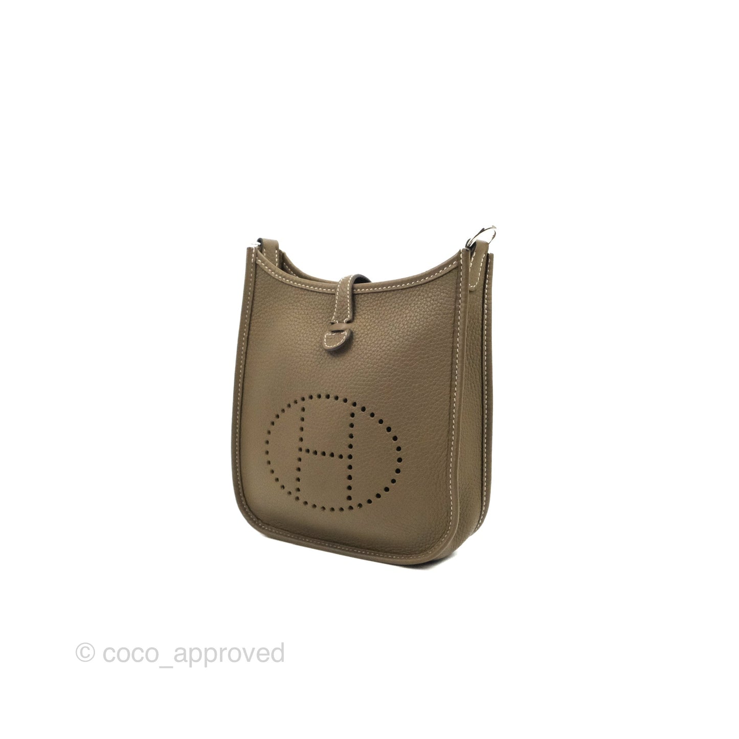 Hermès Mini Evelyne 16 Etoupe Clemence Silver Hardware with Bleu Indigo Strap