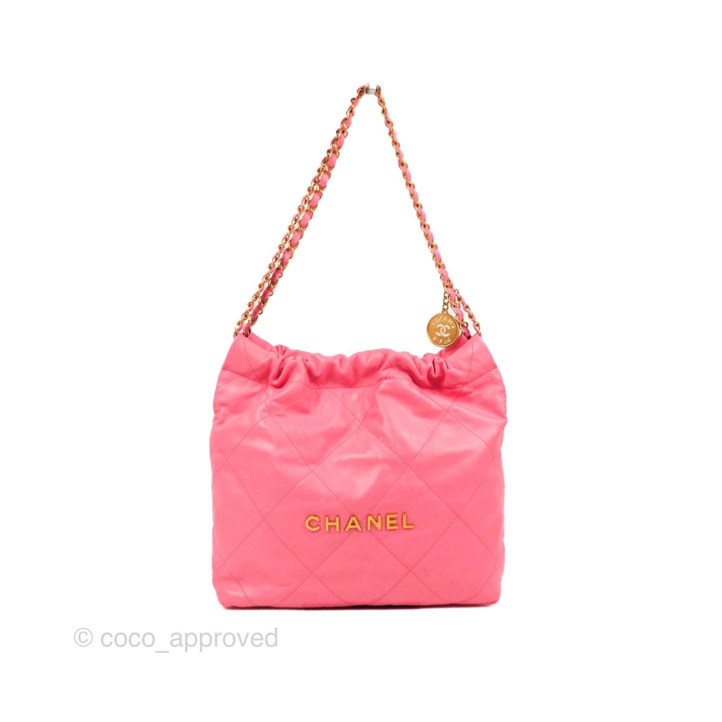 Chanel 22 Small Pink Shiny Calfskin Aged Gold Hardware