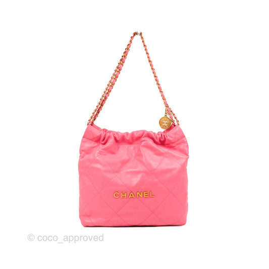 Chanel 22 Small Pink Shiny Calfskin Aged Gold Hardware
