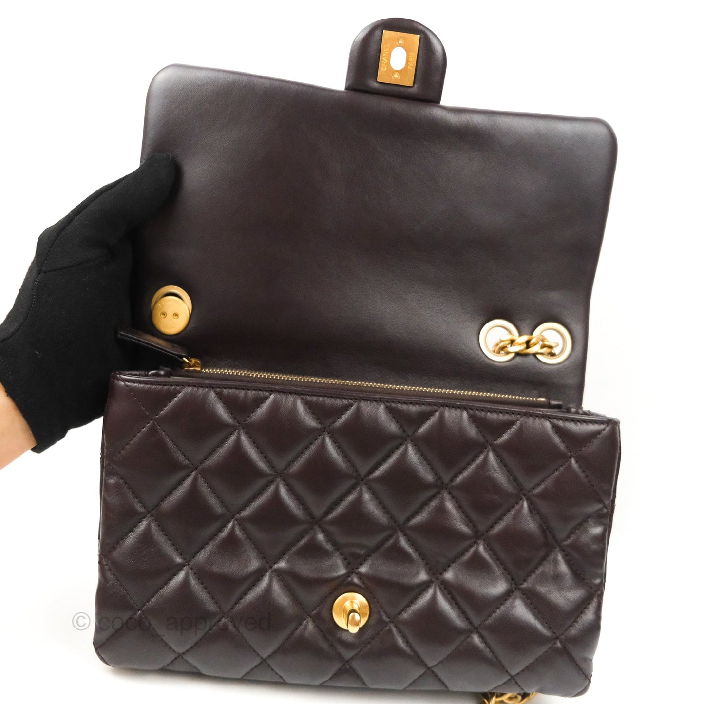 Chanel Flap Bag with Adjustable Strap Dark Brown Lambskin Aged Gold Hardware 22K
