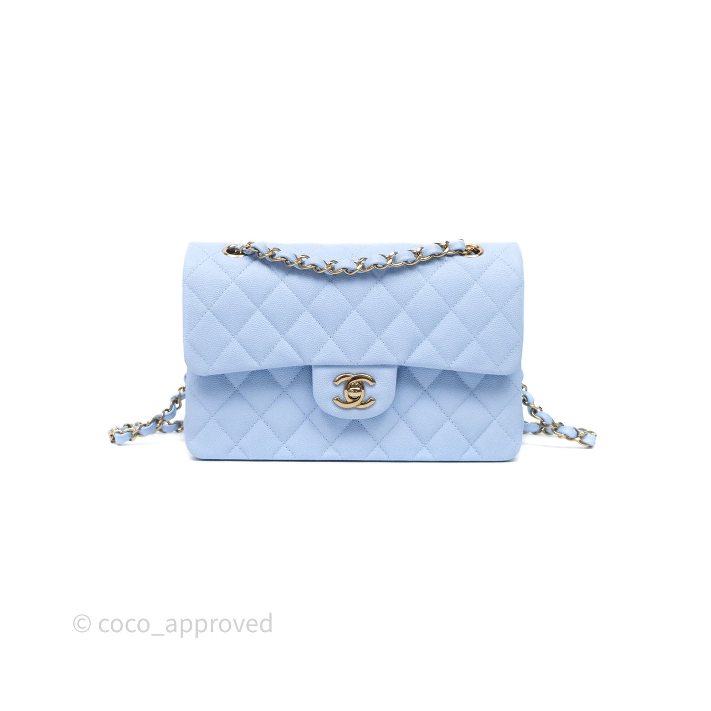 Chanel Small Classic Flap Quilted Sky Blue Caviar Gold Hardware