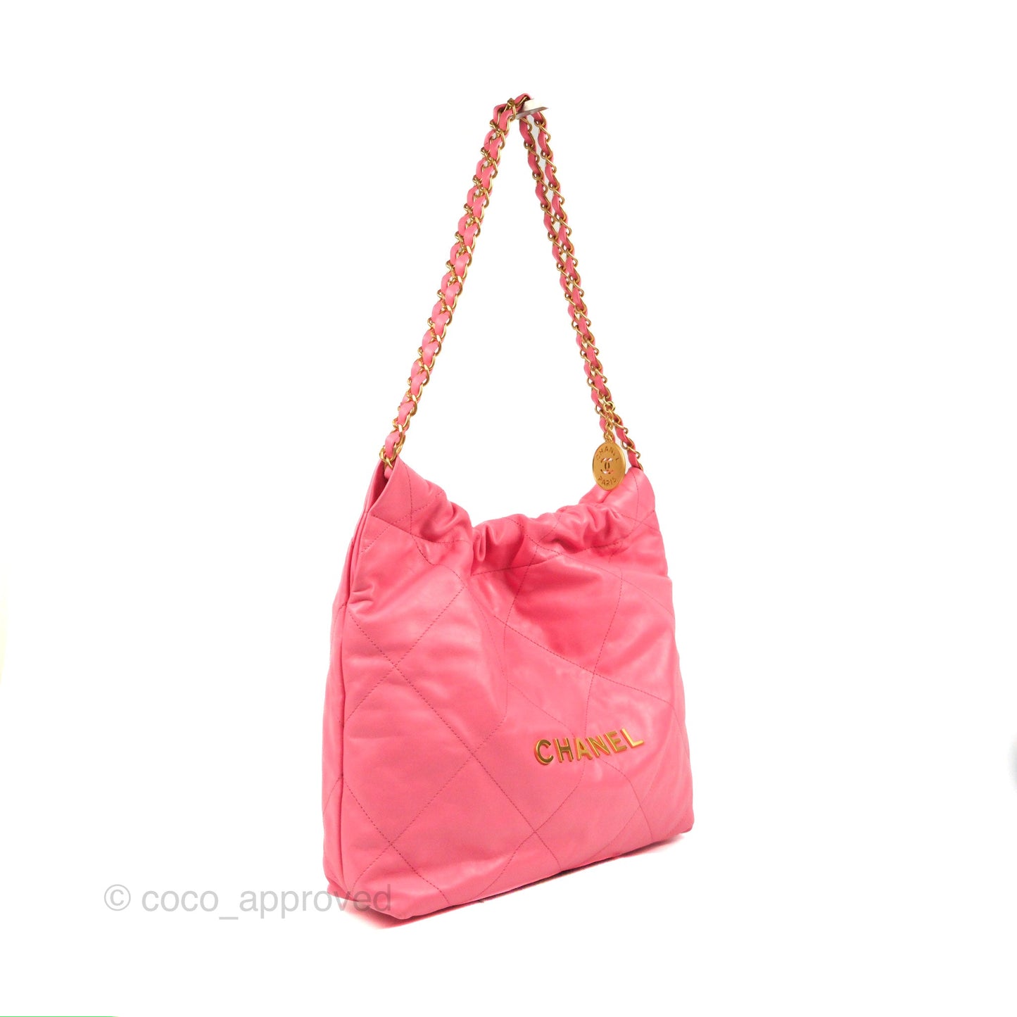 Chanel 22 Small Pink Shiny Calfskin Aged Gold Hardware