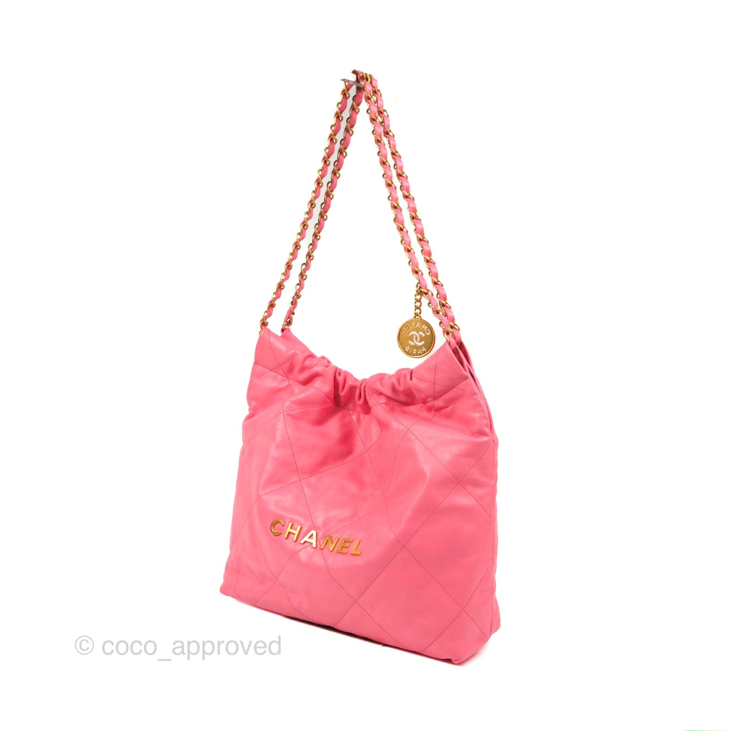 Chanel 22 Small Pink Shiny Calfskin Aged Gold Hardware