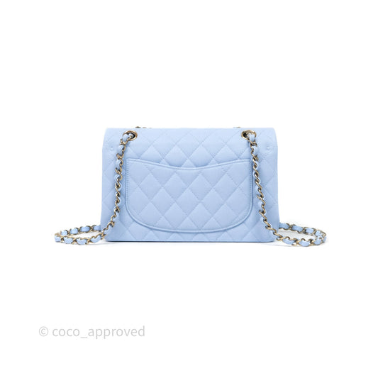 Chanel Small Classic Flap Quilted Sky Blue Caviar Gold Hardware