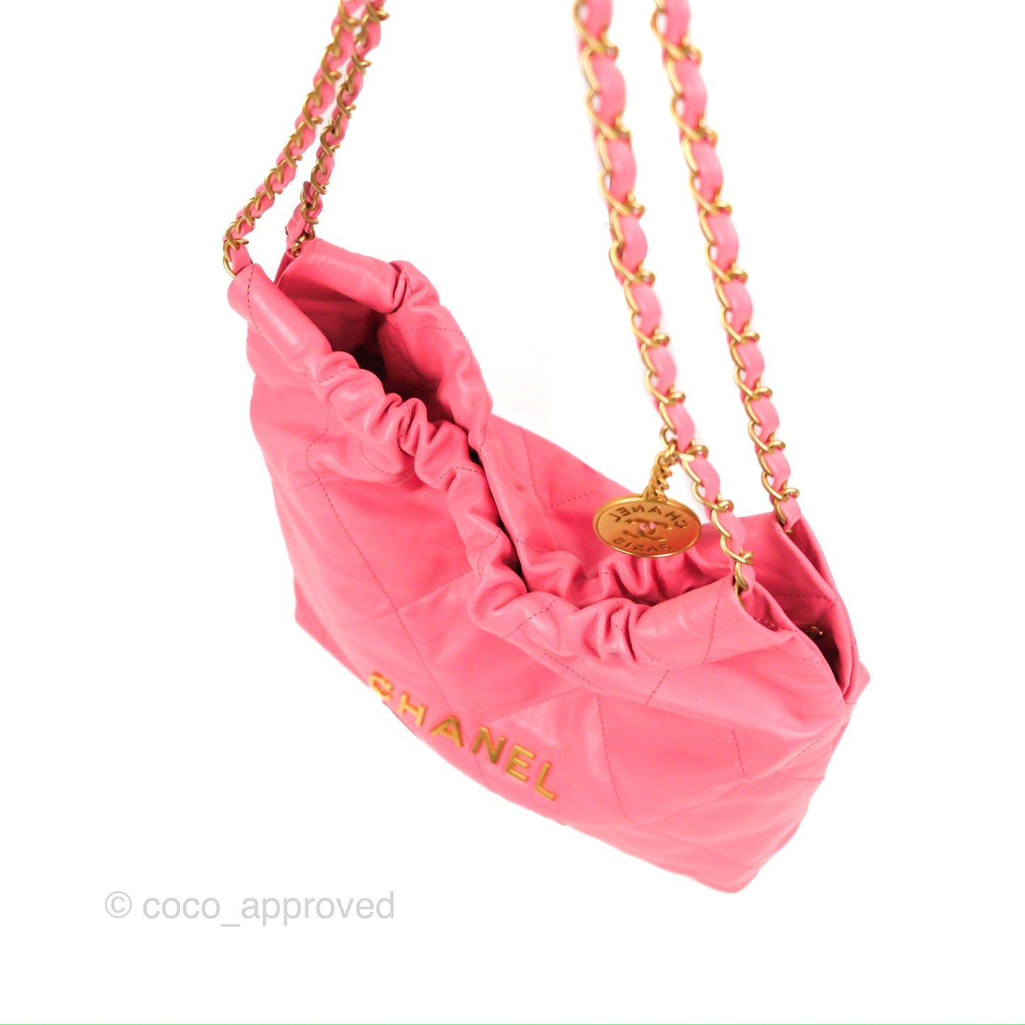 Chanel 22 Small Pink Shiny Calfskin Aged Gold Hardware