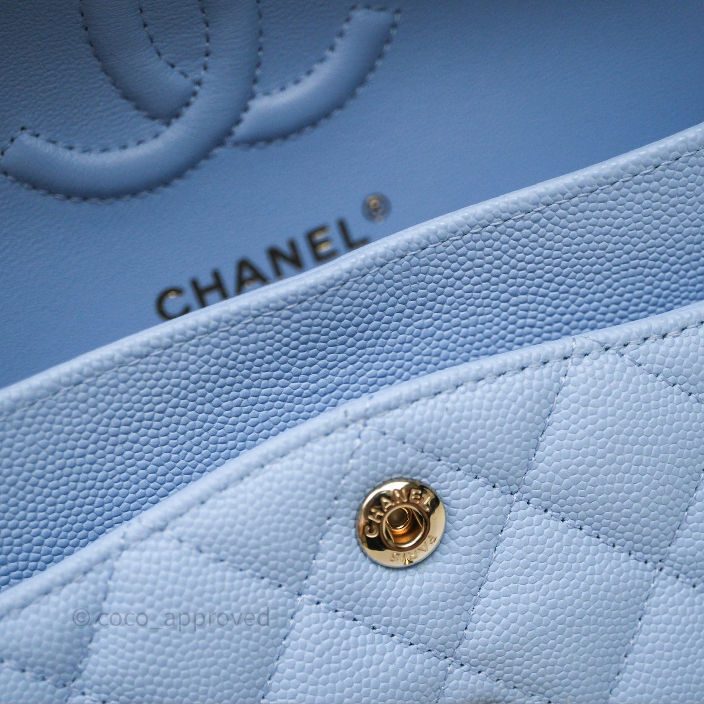 Chanel Small Classic Flap Quilted Sky Blue Caviar Gold Hardware