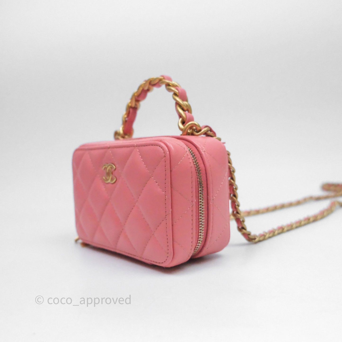 Chanel Top Handle Vanity Case Pink Lambskin Aged Gold Hardware